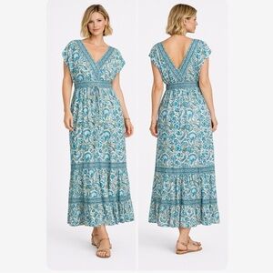 Rachel Zoe Dress, size XL, Blue and White Floral Linen Blend Maxi Boho NWT